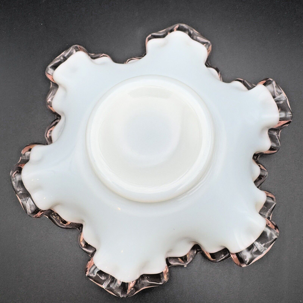 Vintage Fenton Rose Crest Milk Glass Bowl Dish Pink Ruffled Crimped Edges 6" - Picture 4 of 7